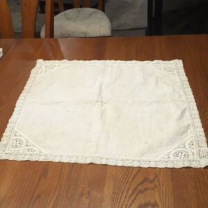 Vintage white linen with ecru trim tea stained tatted lace table mat
